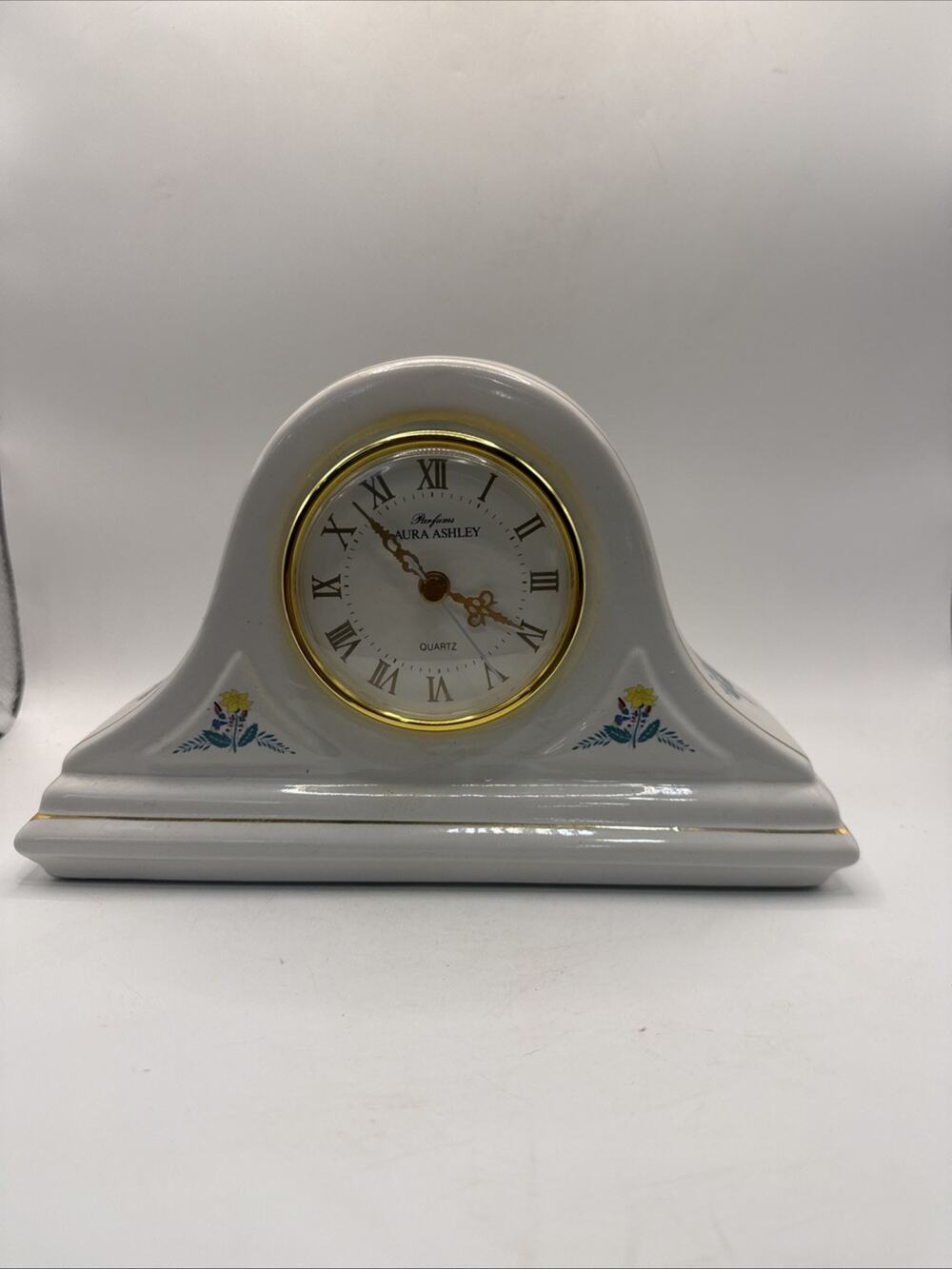 Parfums Laura Ashley Vintage Porcelain Mantle Clock Floral Gold Trim Works *